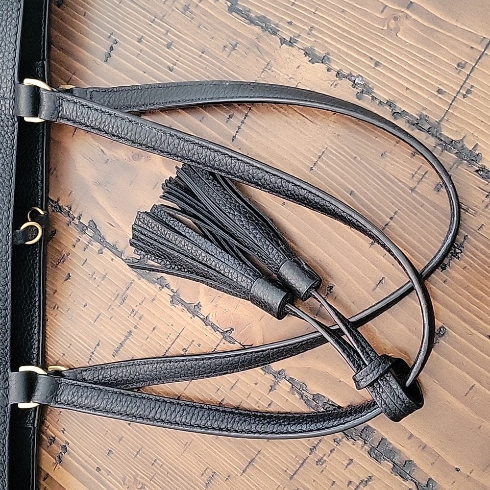 Tory Burch Black Pebbled Leather Tassel Tote - Picture 8 of 9